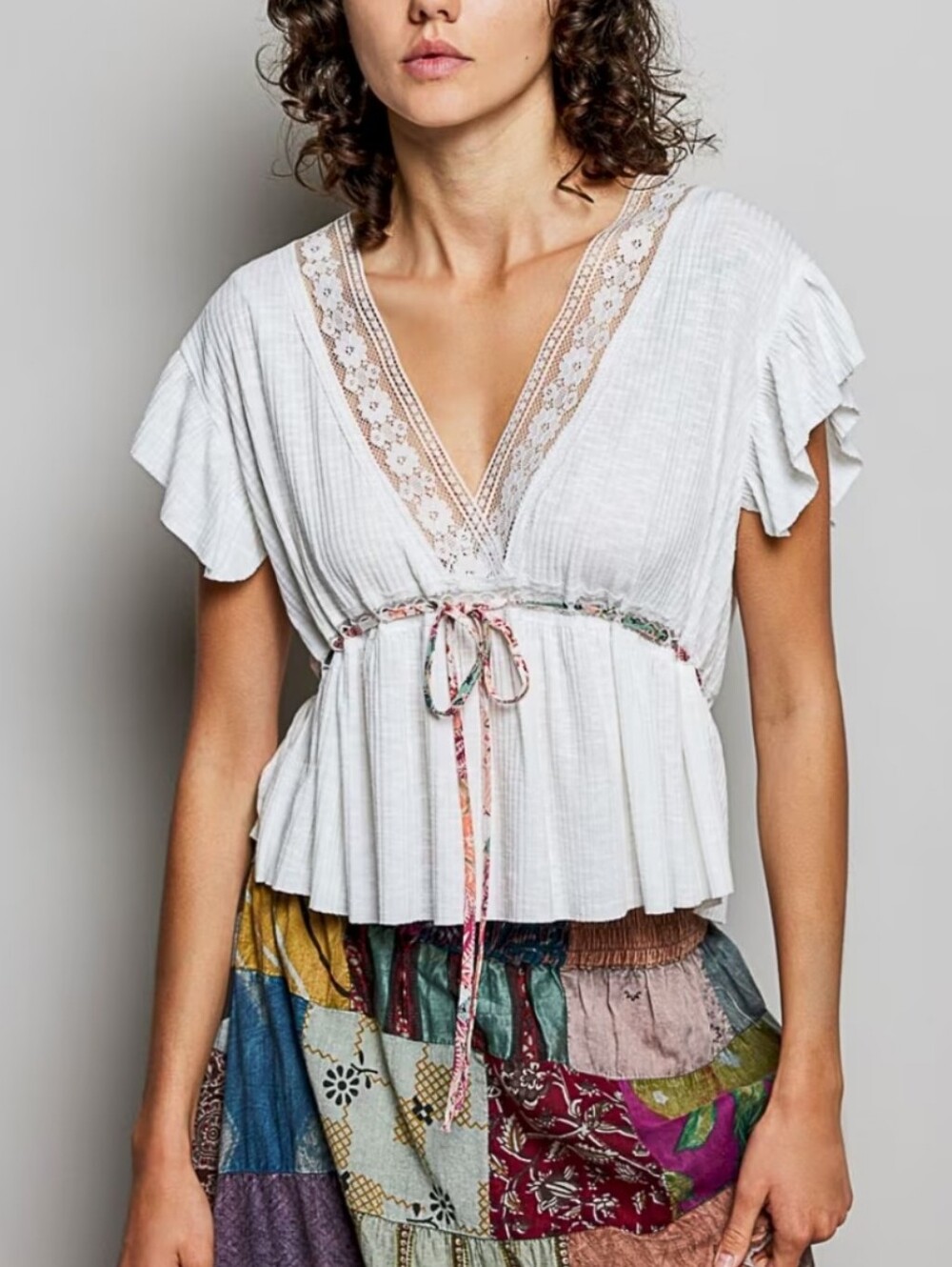 315. POL Bohemian Lightweight White Lace-Trim Peplum Tie-Front Top